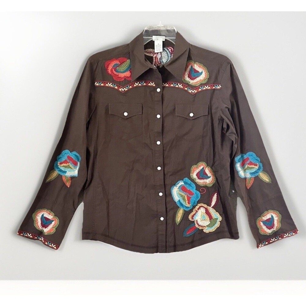 Tasha Polizzi Shirt Embroidered Womens Medium 100% Cotton Western Floral Snap